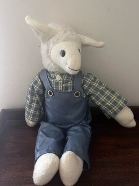 Vintage Sheep Toy Decor w Plaid Shirt and Overalls
